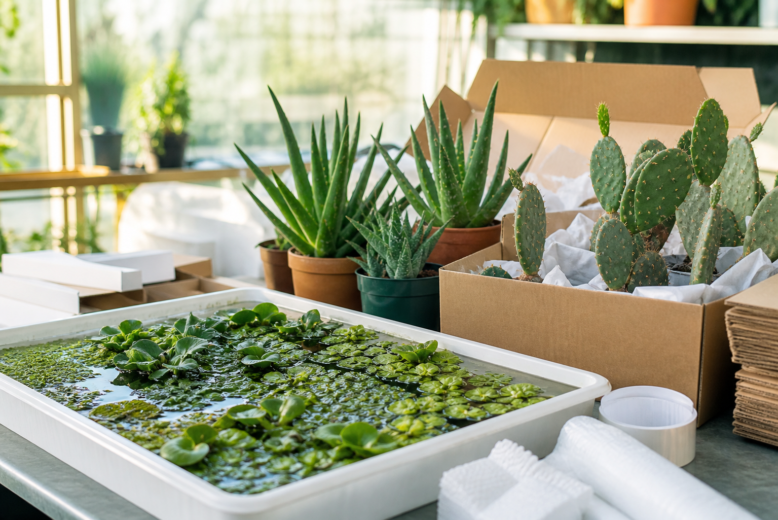 Aquatic plants, aloe, and cactus cuttings staged for shipping